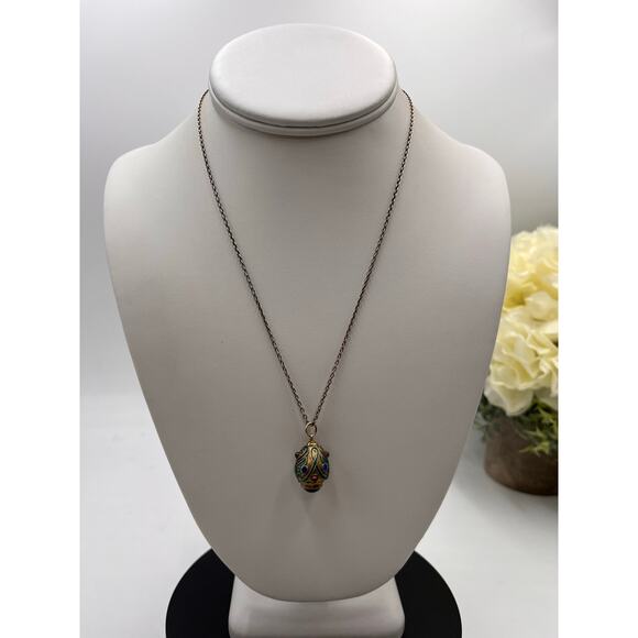Sterling Silver Chain Vintage Chinese Silver Garnet Enamel Egg Charm Necklace - Picture 1 of 10